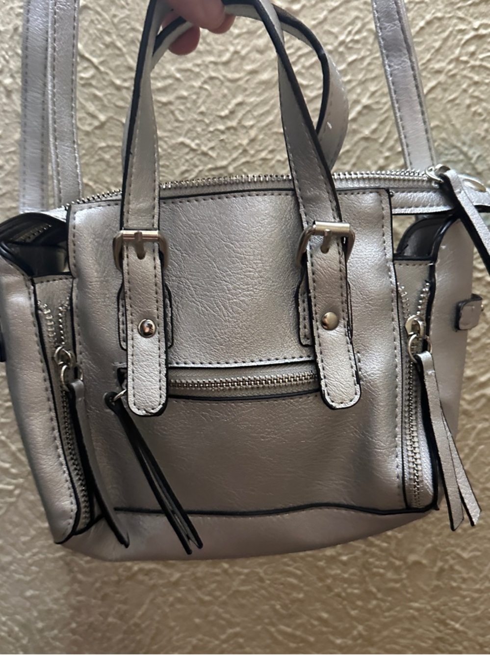 Compact Silver Crossbody Tote Bag - Sleek Metallic Finish